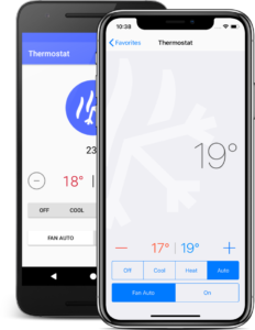 Android and iOS phones showing Homeboy thermostat controls in C°