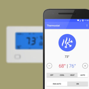 Homeboy's thermostat control screen appears on an Android phone. An Insteon thermostat is visible in the background.